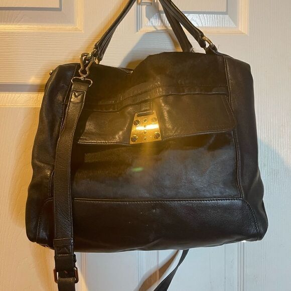 Vince Camuto black soft leather &calf hair Satchel/crossbody bag gold tone studs - Picture 6 of 16